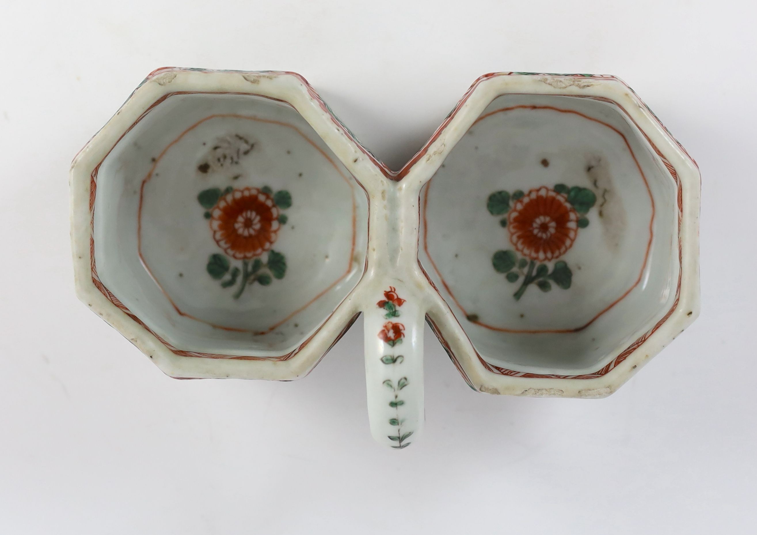 An unusual Chinese famille verte double bottle holder, Kangxi period, 18.5 cm wide